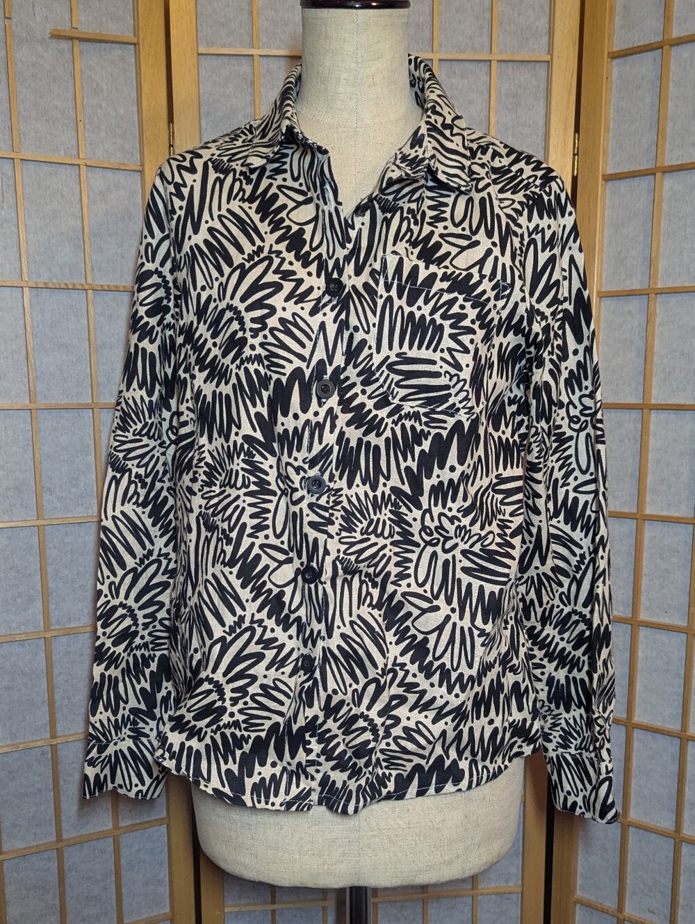 Nooworks Linen Shirt Button Down Long Sleeve Zig Zag Black White XS